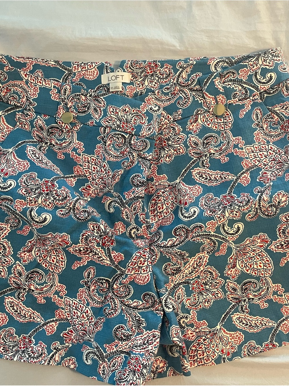LOFT Teal Paisley Print Shorts with Red & White Accents